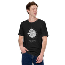 Load image into Gallery viewer, "Black t-shirt with white graphic print, modeled on a man"
