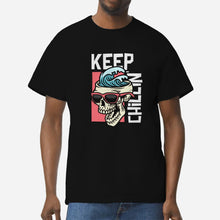 Load image into Gallery viewer, "Edgy Keep Chillin’ Skull T-Shirt with sunglasses and wave design – Cool streetwear fashion"