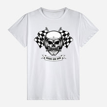 Load image into Gallery viewer, "Rebellious motorcycle rider modeling a white skull graphic t-shirt with checkered flag details, perfect for streetwear marketing."