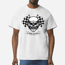Load image into Gallery viewer, "Creative product mockup of a biker wearing a skull and checkered flag graphic t-shirt."