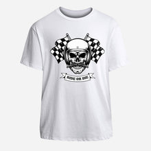 Load image into Gallery viewer, "Urban motorcycle rider in a trendy white skull-print t-shirt for edgy fashion branding."