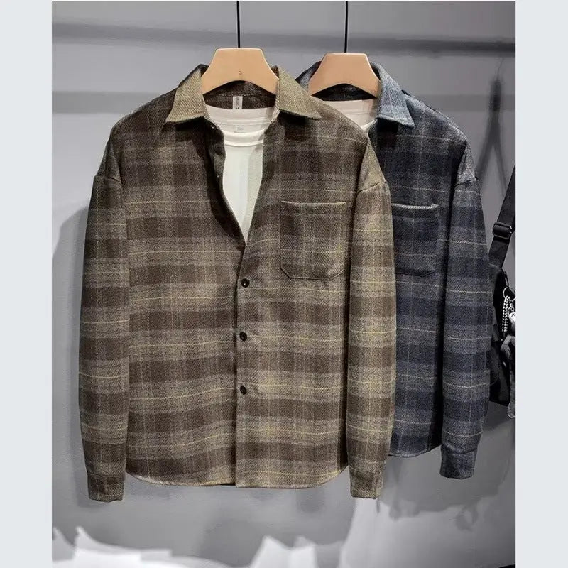 Men's Fashionable Lapel Casual Plaid Shirt Raven’s Echo Hoodie