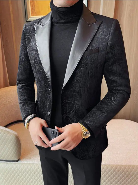 Jacquard Velvet Leather Lapel Men's Blazer Raven’s Echo Hoodie