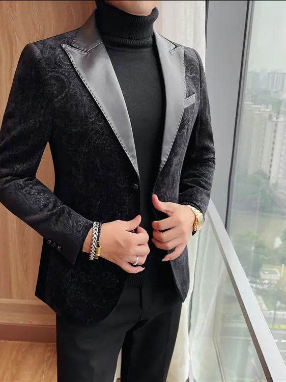 Jacquard Velvet Leather Lapel Men's Blazer Raven’s Echo Hoodie
