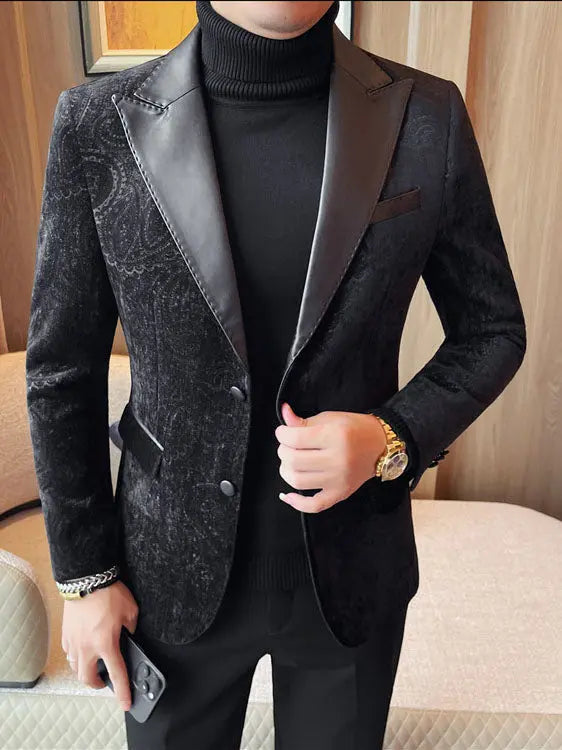 Jacquard Velvet Leather Lapel Men's Blazer Raven’s Echo Hoodie