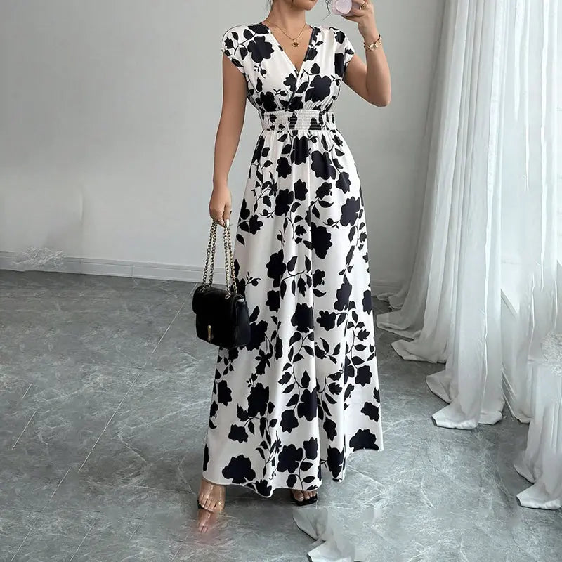 Women's Wrap V Neck Short Sleeve Empire Elastic Waist Summer Casual Elegant Maxi Long Dresses Raven’s Echo Hoodie