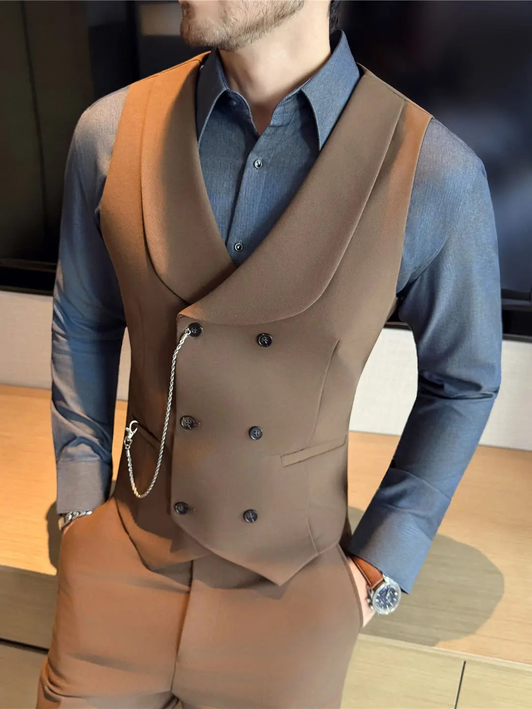Men's Yarn-dyed High Double-breasted Shawl Collar Vest Raven’s Echo Hoodie