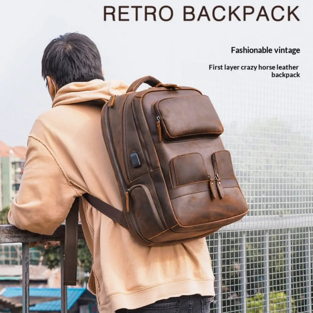 Men's Leather Backpack Outdoor Bag Raven’s Echo Hoodie