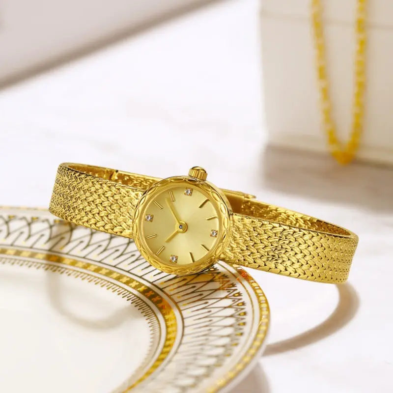 Retro Copper Mesh Womens Versatile Vintage-style Mini Gold Watch Raven’s Echo Hoodie