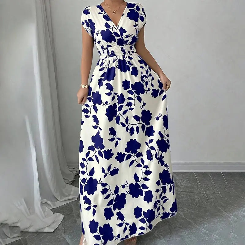 Women's Wrap V Neck Short Sleeve Empire Elastic Waist Summer Casual Elegant Maxi Long Dresses Raven’s Echo Hoodie