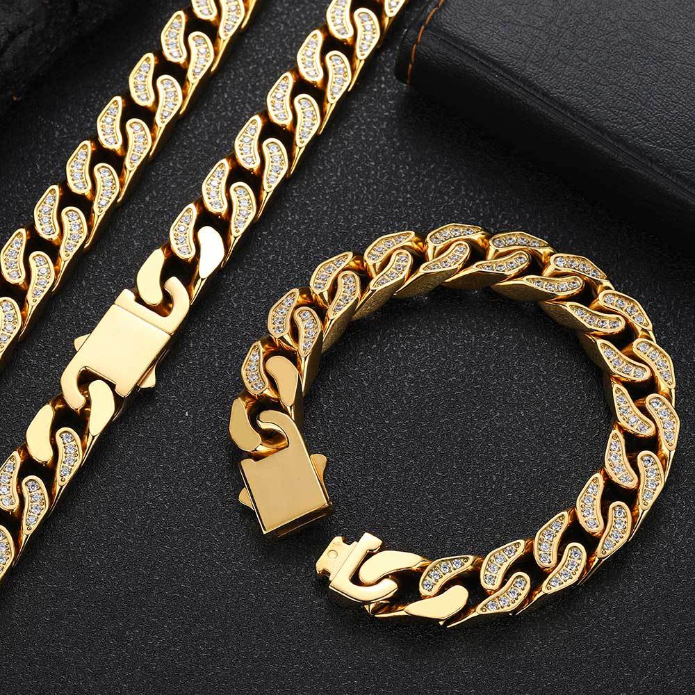 Full-Zircon Cuban Chain Titanium Steel Mens Bracelet