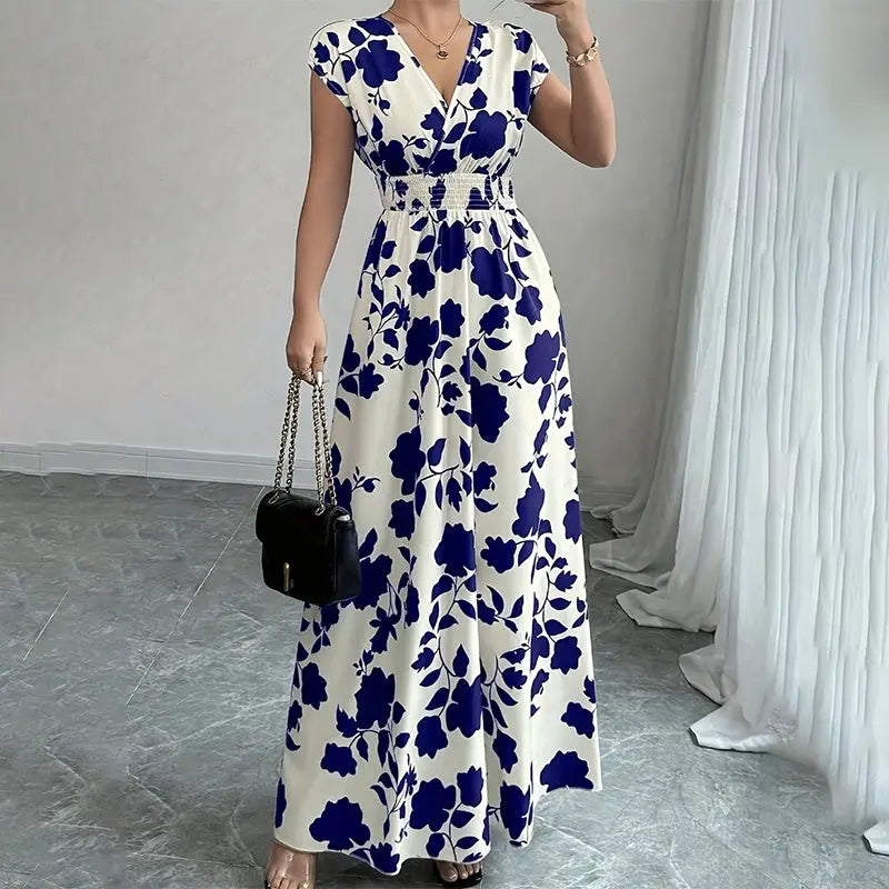 Women's Wrap V Neck Short Sleeve Empire Elastic Waist Summer Casual Elegant Maxi Long Dresses Raven’s Echo Hoodie