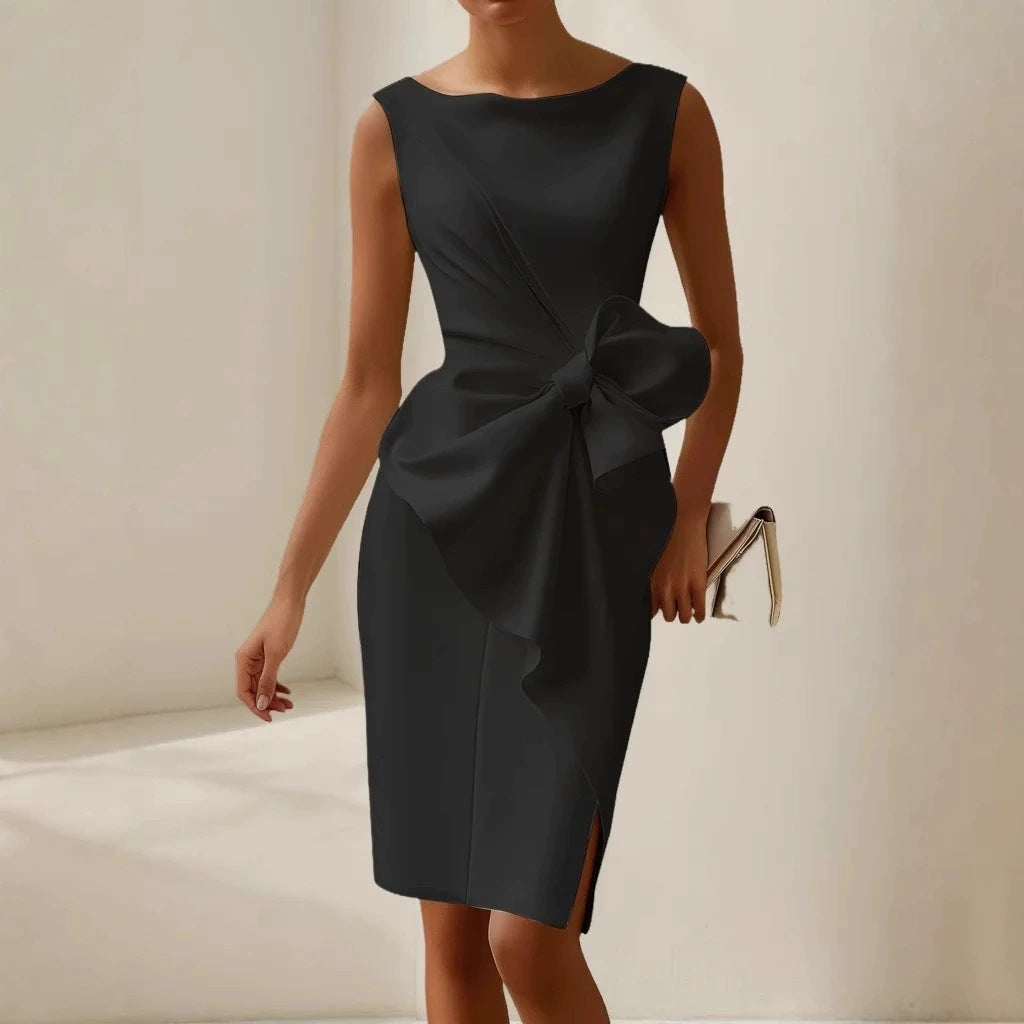 Fashion Bowknot Dress Solid Color Elegant Slim Sleeveless Dresses Women&