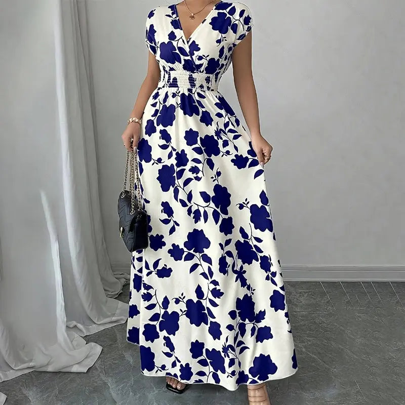 Women's Wrap V Neck Short Sleeve Empire Elastic Waist Summer Casual Elegant Maxi Long Dresses Raven’s Echo Hoodie