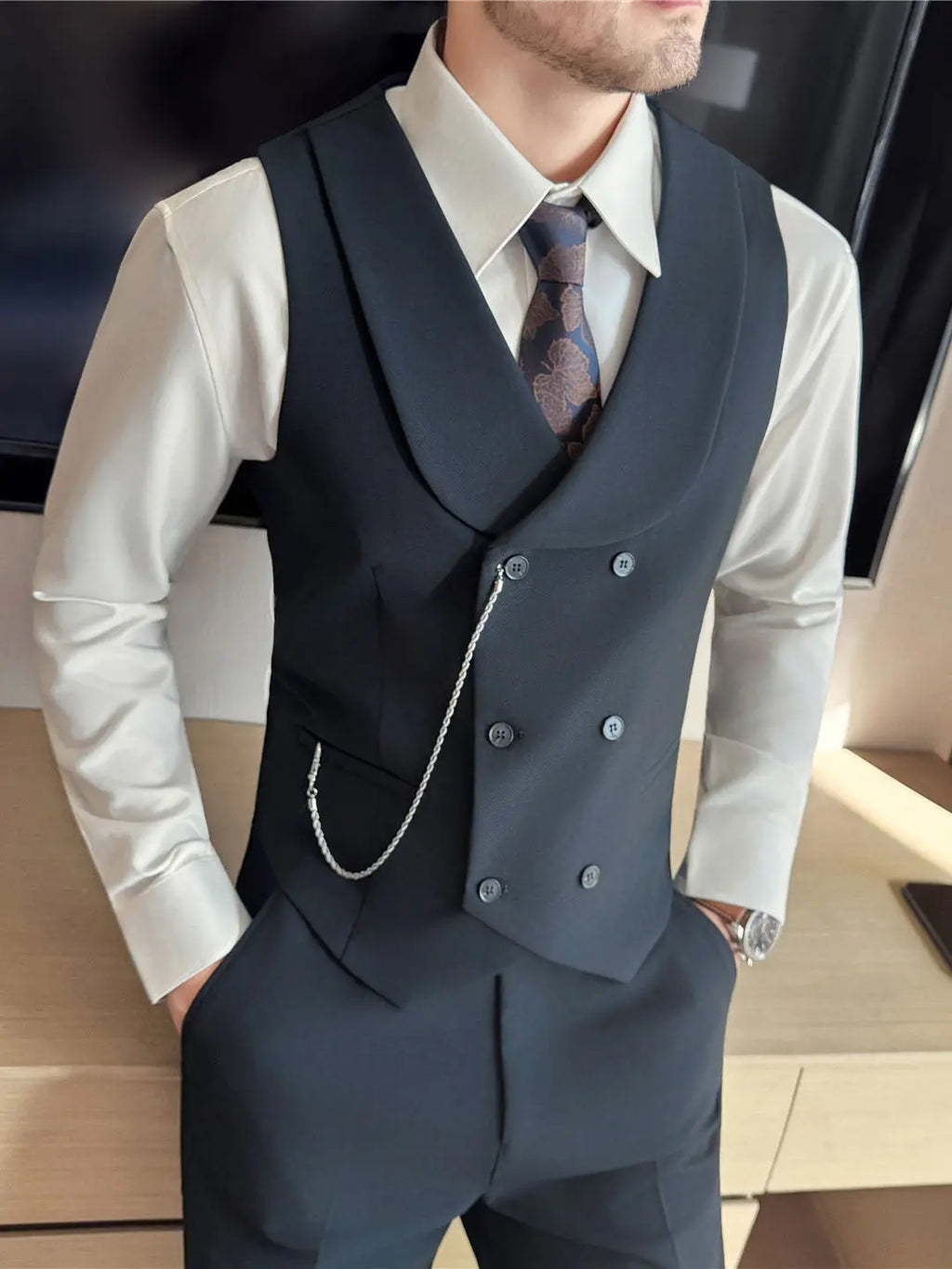 Men's Yarn-dyed High Double-breasted Shawl Collar Vest Raven’s Echo Hoodie