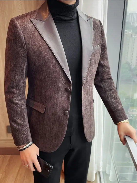 Jacquard Velvet Leather Lapel Men's Blazer Raven’s Echo Hoodie
