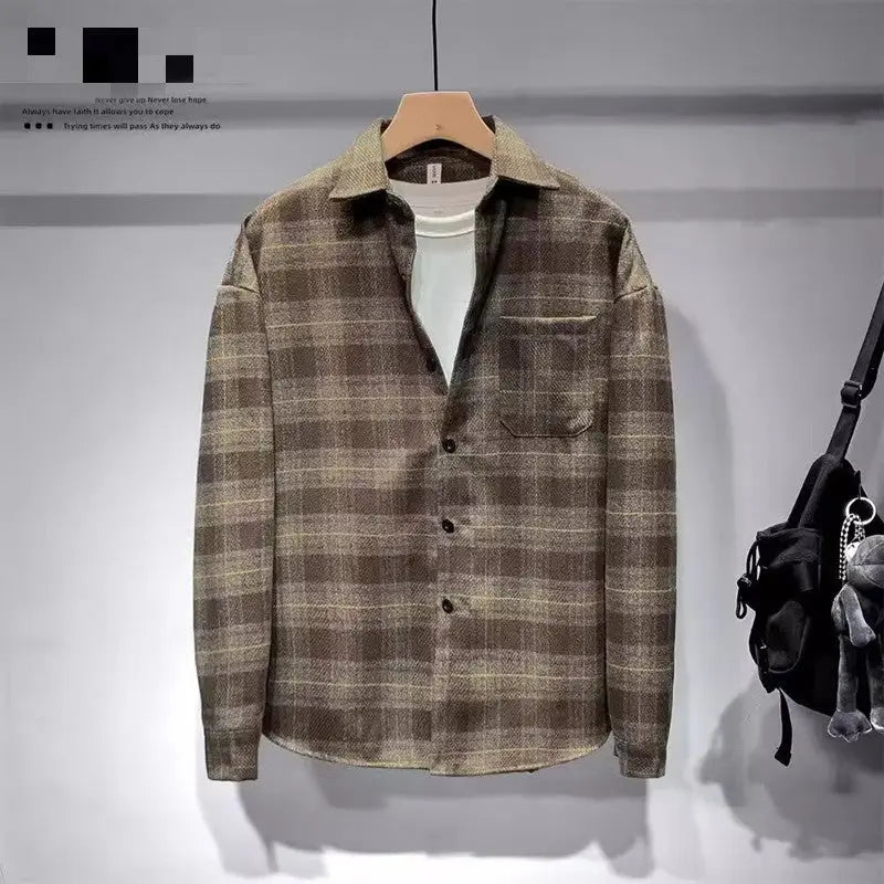 Men's Fashionable Lapel Casual Plaid Shirt Raven’s Echo Hoodie