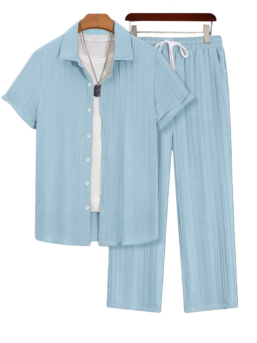 Mens Plus-Size Casual Loose Short-Sleeve Shirt And Pants Set