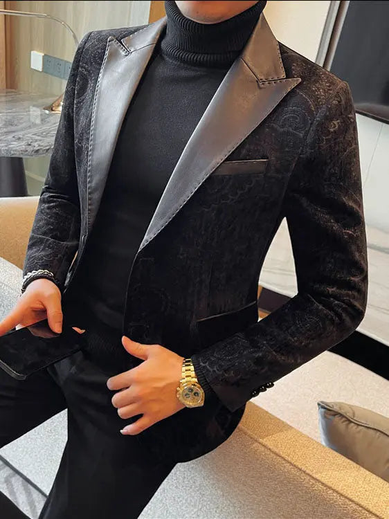 Jacquard Velvet Leather Lapel Men's Blazer Raven’s Echo Hoodie