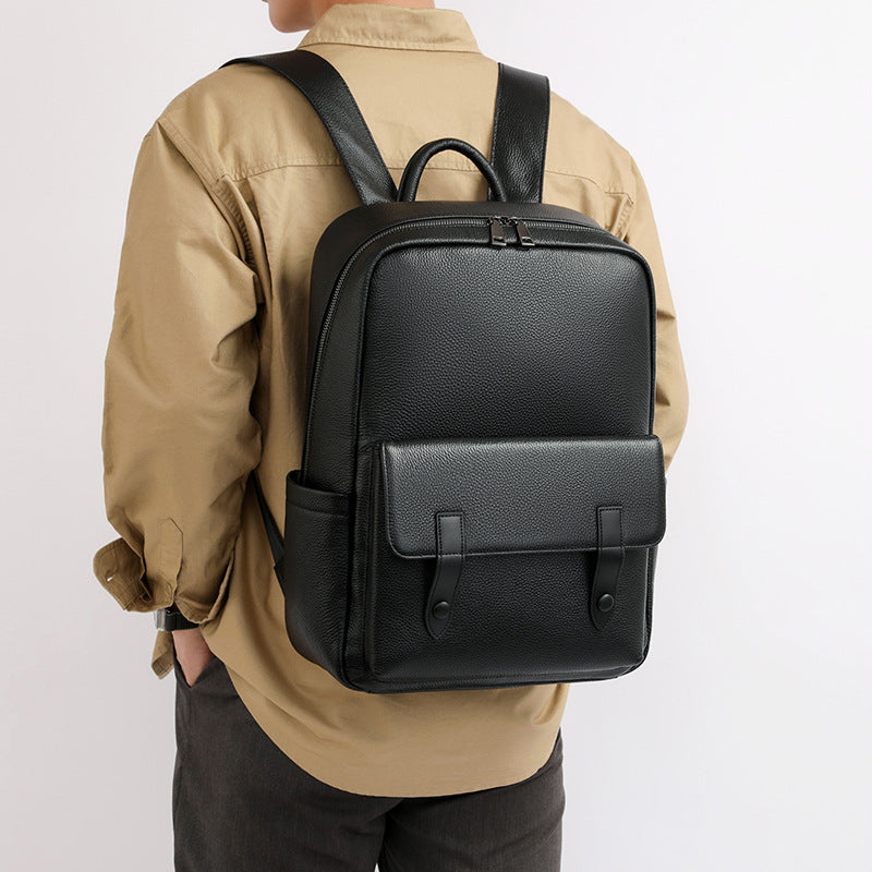 Men's Leather Large-Capacity Solid Color Backpack