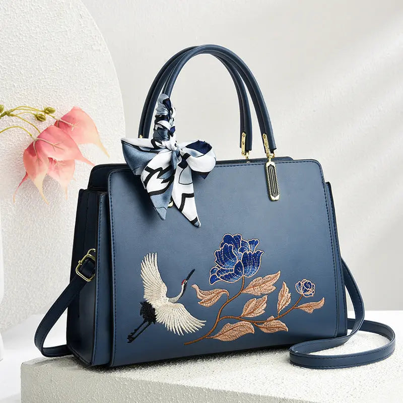Womens New Chinese-Style National-Flair Embroidered Crane Fashion Crossbody Tote Bag Raven’s Echo Hoodie