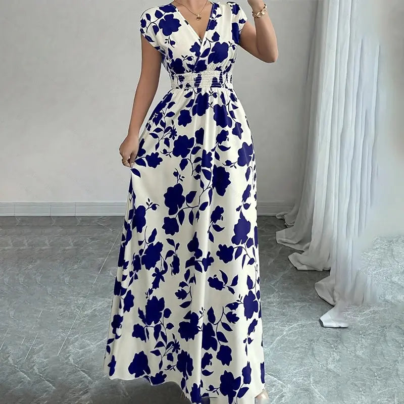 Women's Wrap V Neck Short Sleeve Empire Elastic Waist Summer Casual Elegant Maxi Long Dresses Raven’s Echo Hoodie