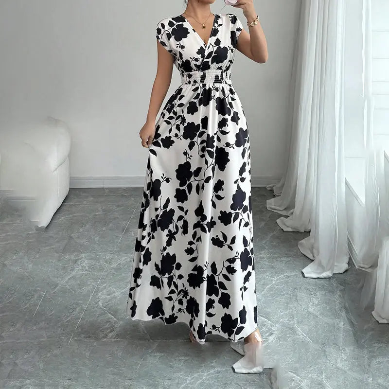 Women's Wrap V Neck Short Sleeve Empire Elastic Waist Summer Casual Elegant Maxi Long Dresses Raven’s Echo Hoodie