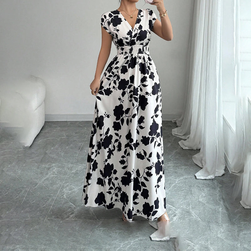 Women's Wrap V Neck Short Sleeve Empire Elastic Waist Summer Casual Elegant Maxi Long Dresses