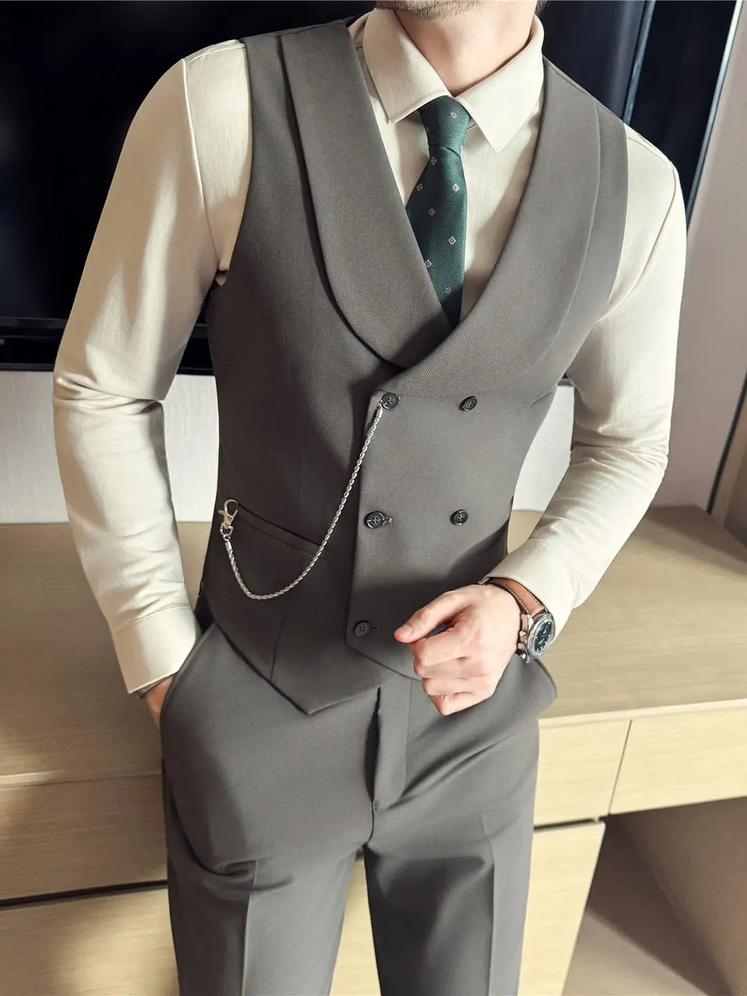 Men's Yarn-dyed High Double-breasted Shawl Collar Vest Raven’s Echo Hoodie