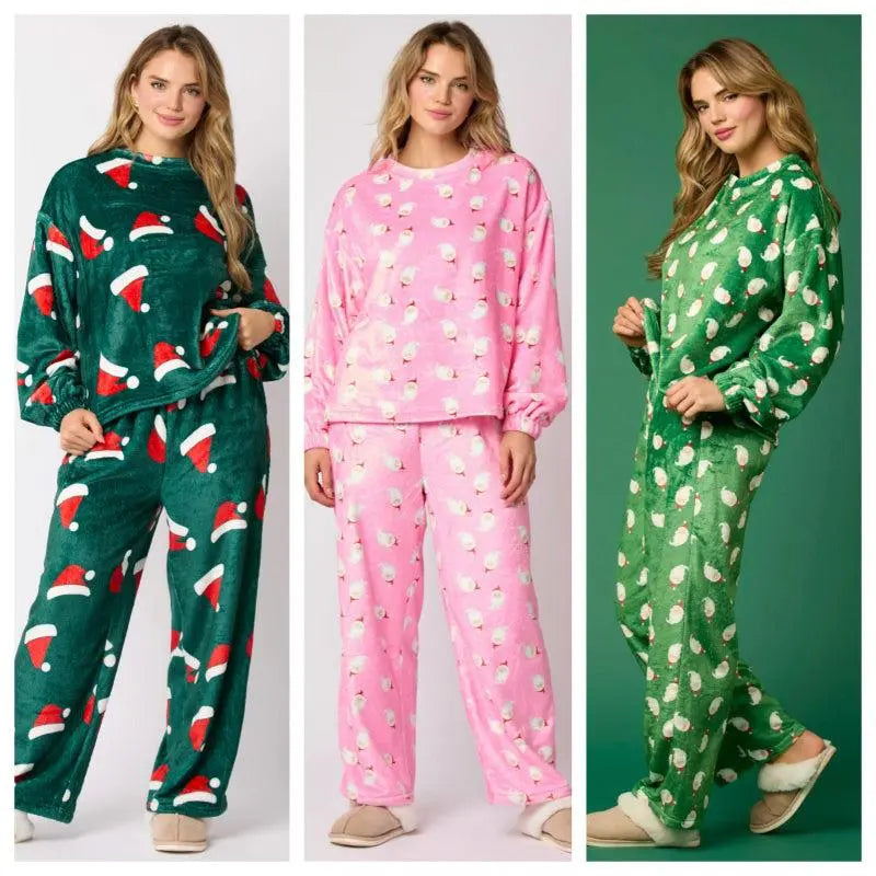 Women wearing casual flannel pajama sets with long sleeve Santa Claus design in various colors