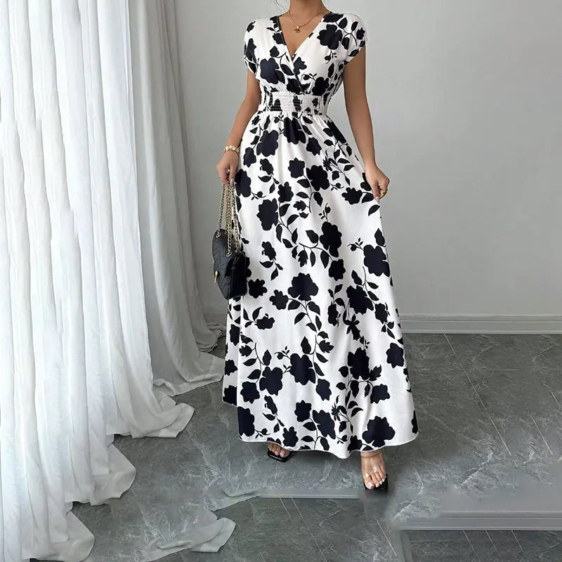 Women's Wrap V Neck Short Sleeve Empire Elastic Waist Summer Casual Elegant Maxi Long Dresses Raven’s Echo Hoodie