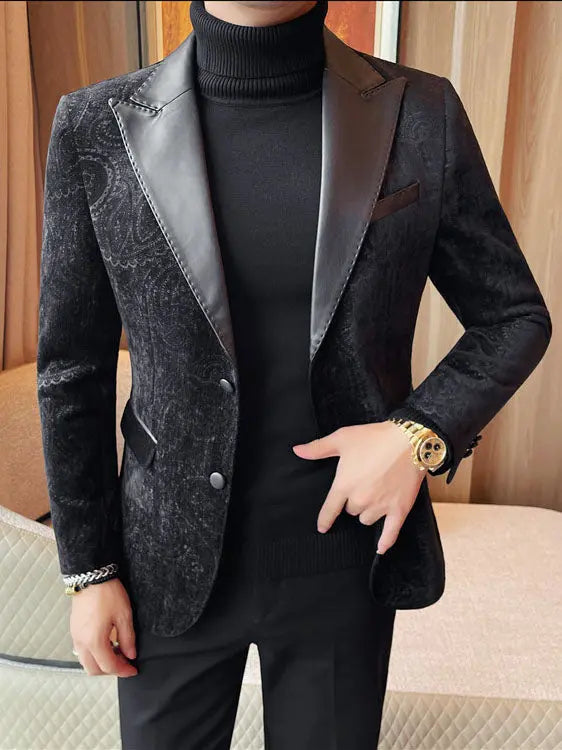 Jacquard Velvet Leather Lapel Men's Blazer Raven’s Echo Hoodie