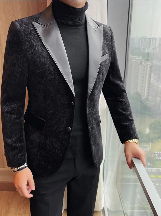 Jacquard Velvet Leather Lapel Men's Blazer Raven’s Echo Hoodie