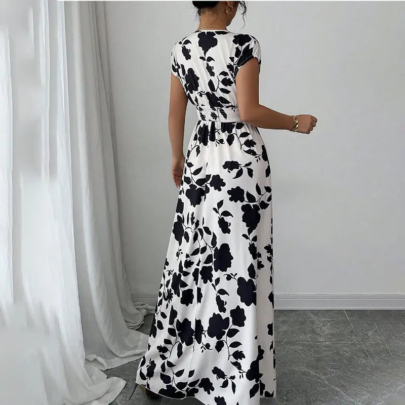 Women's Wrap V Neck Short Sleeve Empire Elastic Waist Summer Casual Elegant Maxi Long Dresses Raven’s Echo Hoodie