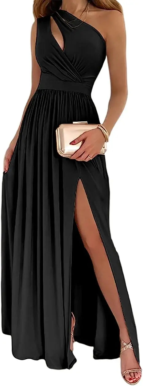 Women's One Shoulder High Split Cutout Sleeveless Elegant Sexy Cocktail Maxi Dress Raven’s Echo Hoodie