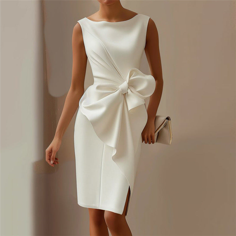Fashion Bowknot Dress Solid Color Elegant Slim Sleeveless Dresses Women's Casual Office Party Clothing