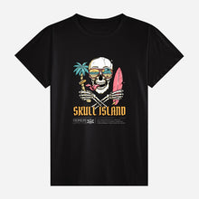Load image into Gallery viewer, &quot;Edgy dark fashion t-shirt with artistic skull design and island theme&quot;
