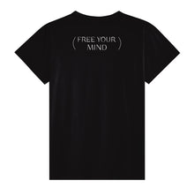 Load image into Gallery viewer, &quot;Relaxed-fit black oversized t-shirt with abstract white print, unisex fashion&quot;
