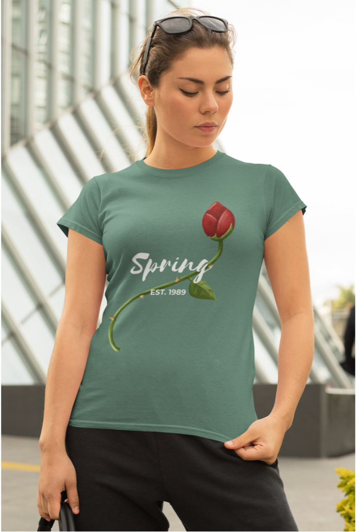 Green moisture-wicking t-shirt with vintage Spring EST 1989 print – breathable and athletic fit

