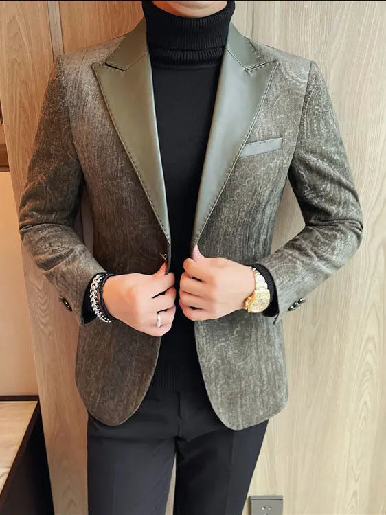 Jacquard Velvet Leather Lapel Men's Blazer Raven’s Echo Hoodie