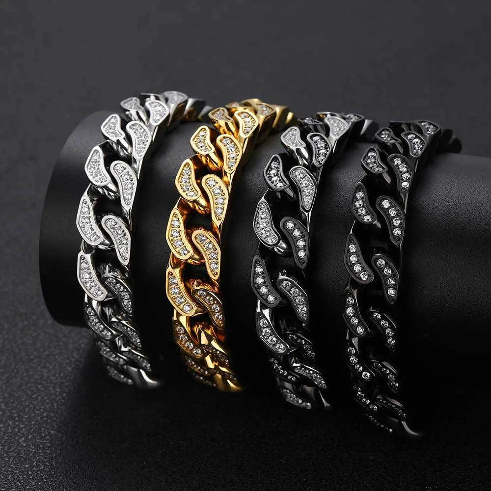 Full-Zircon Cuban Chain Titanium Steel Mens Bracelet Raven’s Echo Hoodie