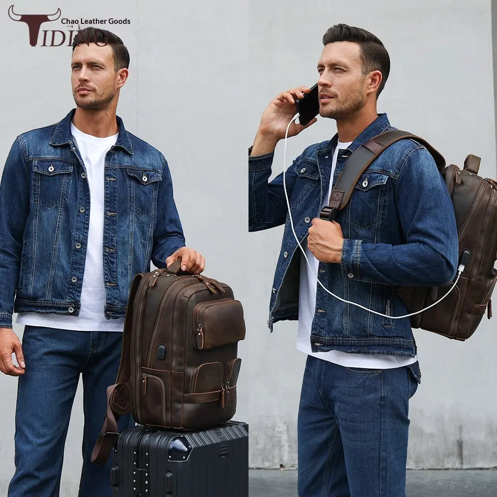 Men's Leather Backpack Outdoor Bag Raven’s Echo Hoodie