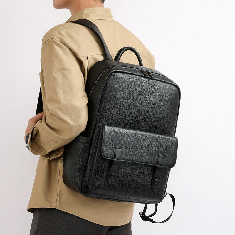 Men's Leather Large-Capacity Solid Color Backpack