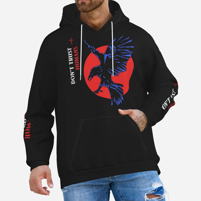 Black men's crow hoodie with detailed raven graphic print