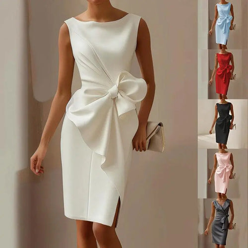elegant sleeveless fashion bowknot dress in solid colors for office and party wear