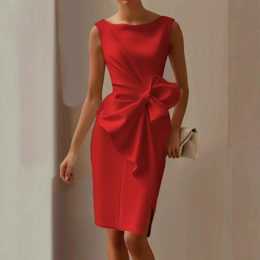 Fashion Bowknot Dress Solid Color Elegant Slim Sleeveless Dresses Women's Casual Office Party Clothing
