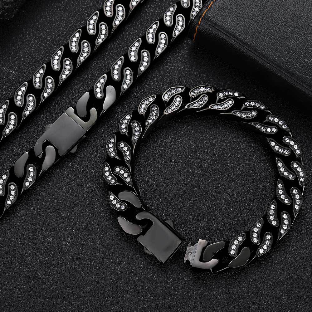 Full-Zircon Cuban Chain Titanium Steel Mens Bracelet