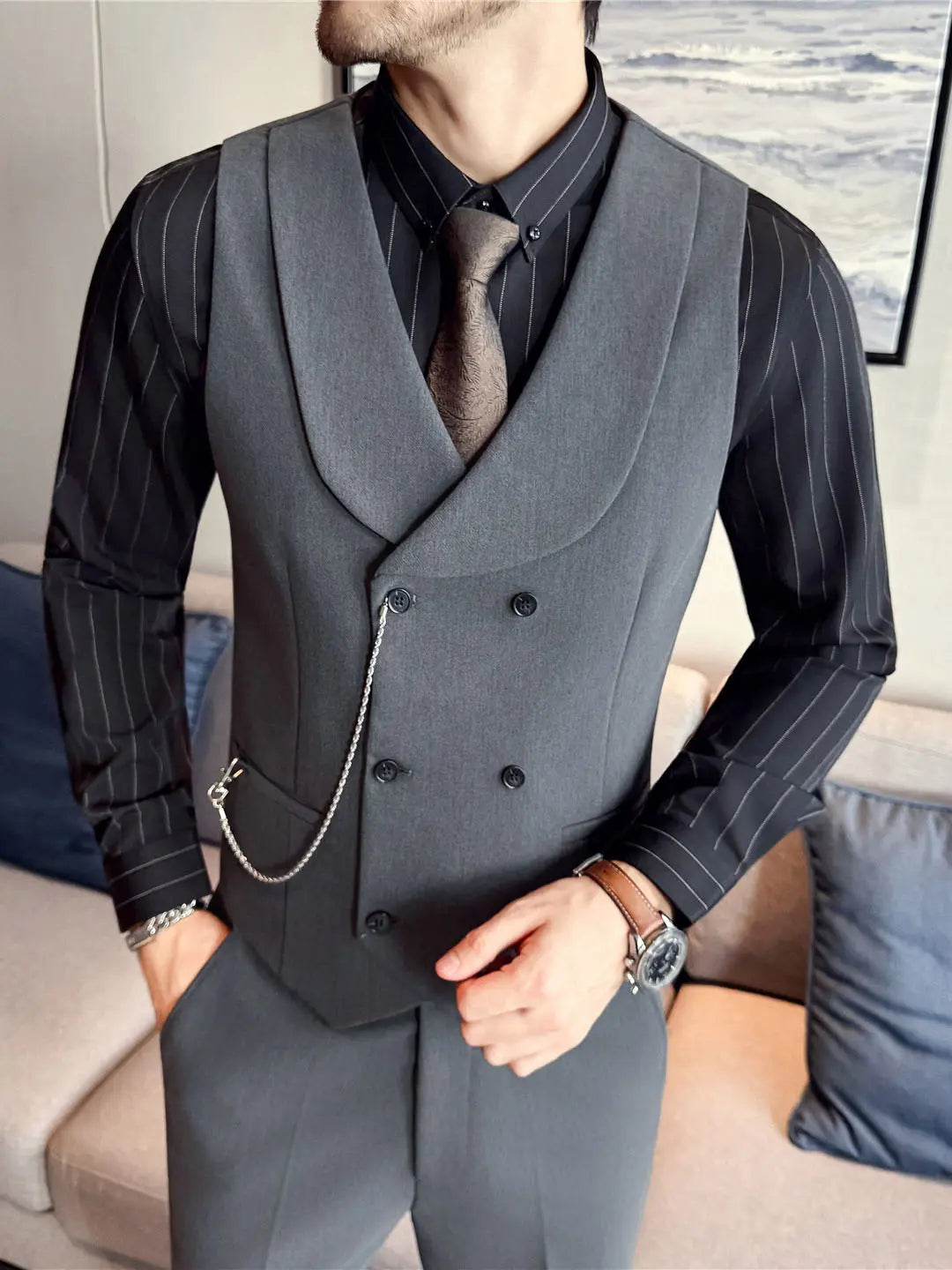Men's Yarn-dyed High Double-breasted Shawl Collar Vest Raven’s Echo Hoodie
