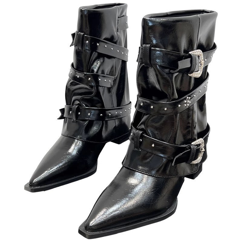 High-heeled Elegant Shaft-style Studded Belt-buckle Fashion Ankle Boots