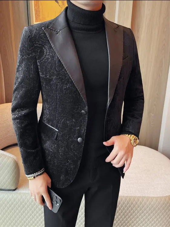 Jacquard Velvet Leather Lapel Men's Blazer Raven’s Echo Hoodie